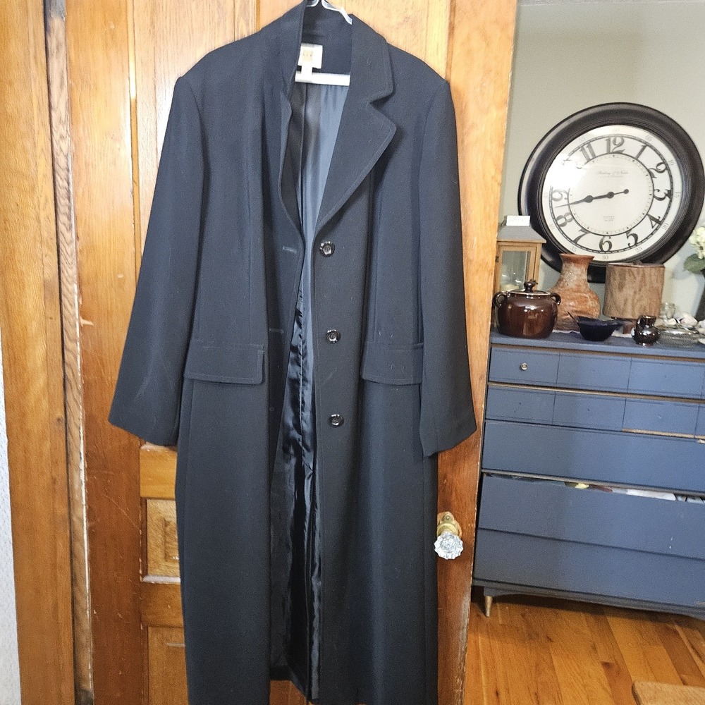 Womens Gallery Black Long Pea Coat Trench Size 16 Dressy Elegant - Picture 3 of 8
